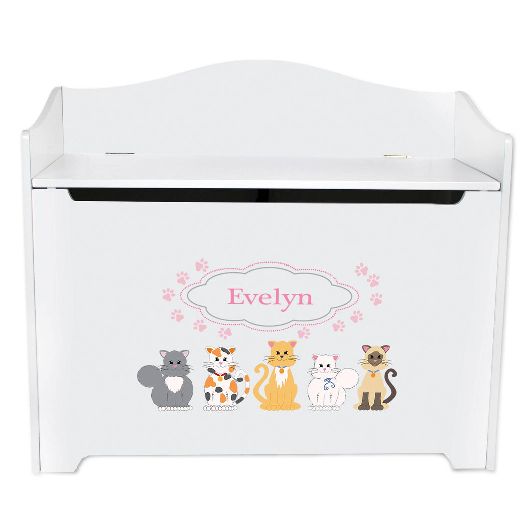 White Wooden Toy Box Bench with Pink Cats design