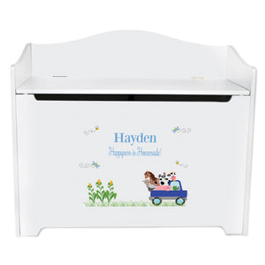 White Wooden Toy Box Bench with Blue Farm Truck design