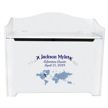 White Wooden Toy Box Bench with World Map Blue design