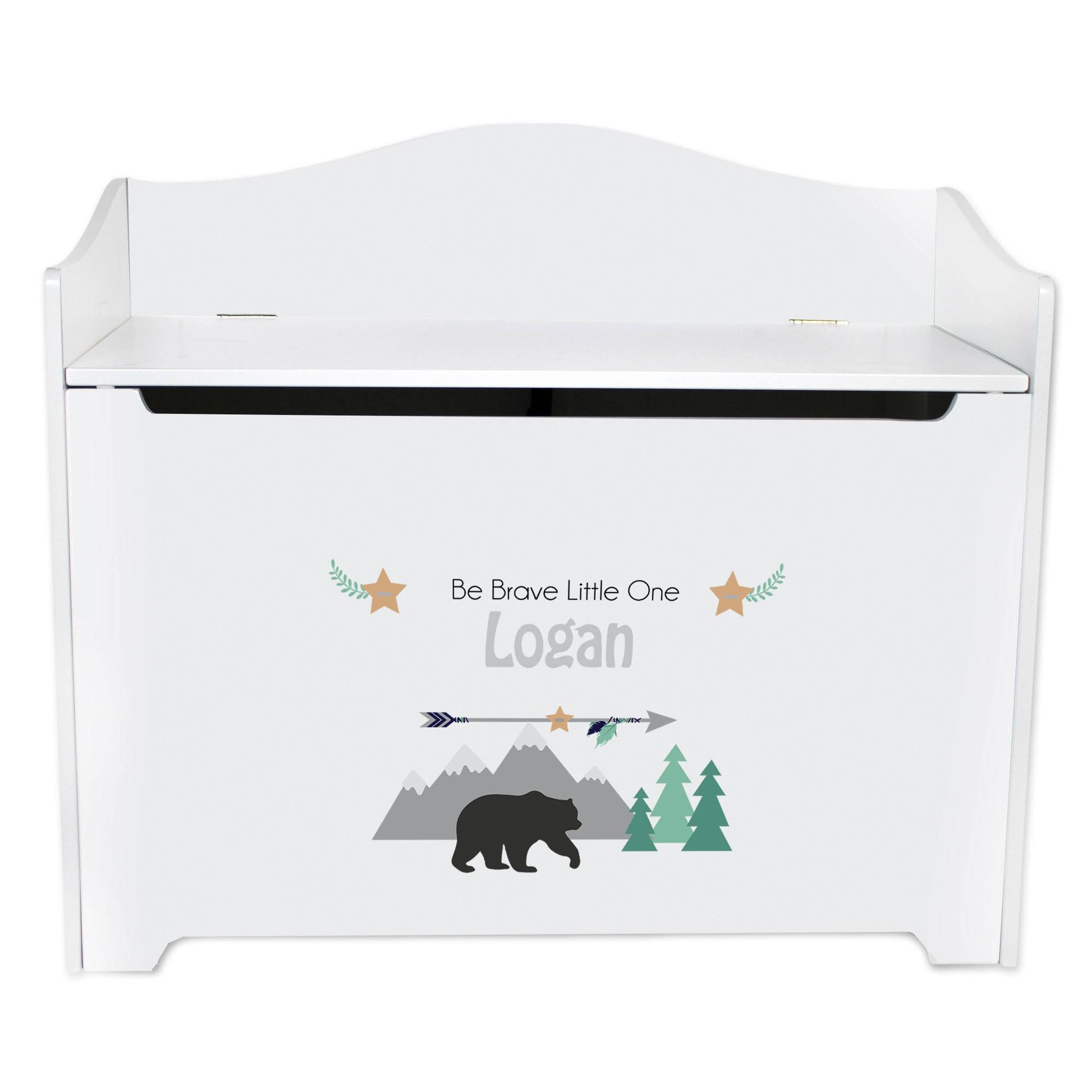 White Wooden Toy Box Bench with Mountain Bear design