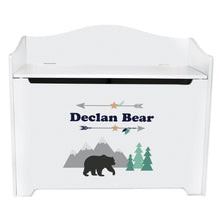 White Wooden Toy Box Bench with Mountain Bear design