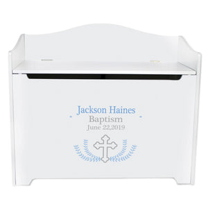 White Wooden Toy Box Bench with Cross Garland Lt Blue design