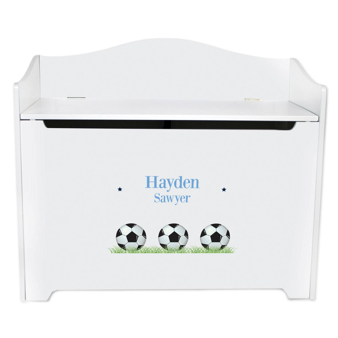 White Wooden Toy Box Bench with Soccer Balls design