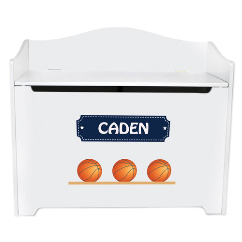 White Wooden Toy Box Bench with Basketballs design