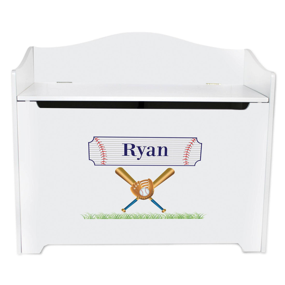 White Wooden Toy Box Bench with Baseball design