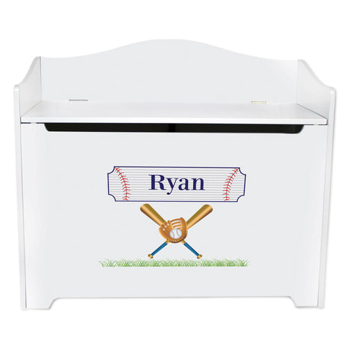 White Wooden Toy Box Bench with Baseball design