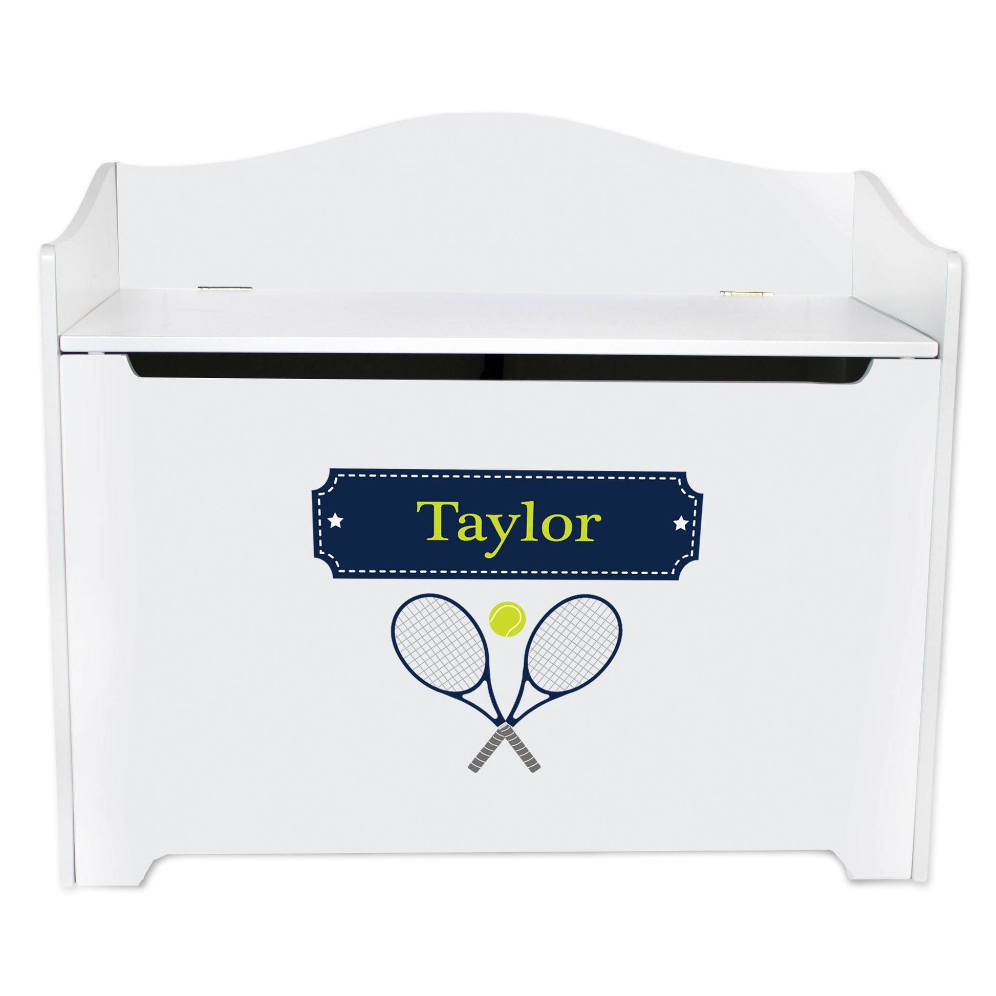 White Wooden Toy Box Bench with Tennis design