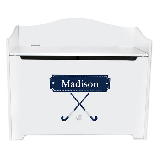 White Wooden Toy Box Bench with Field Hockey design