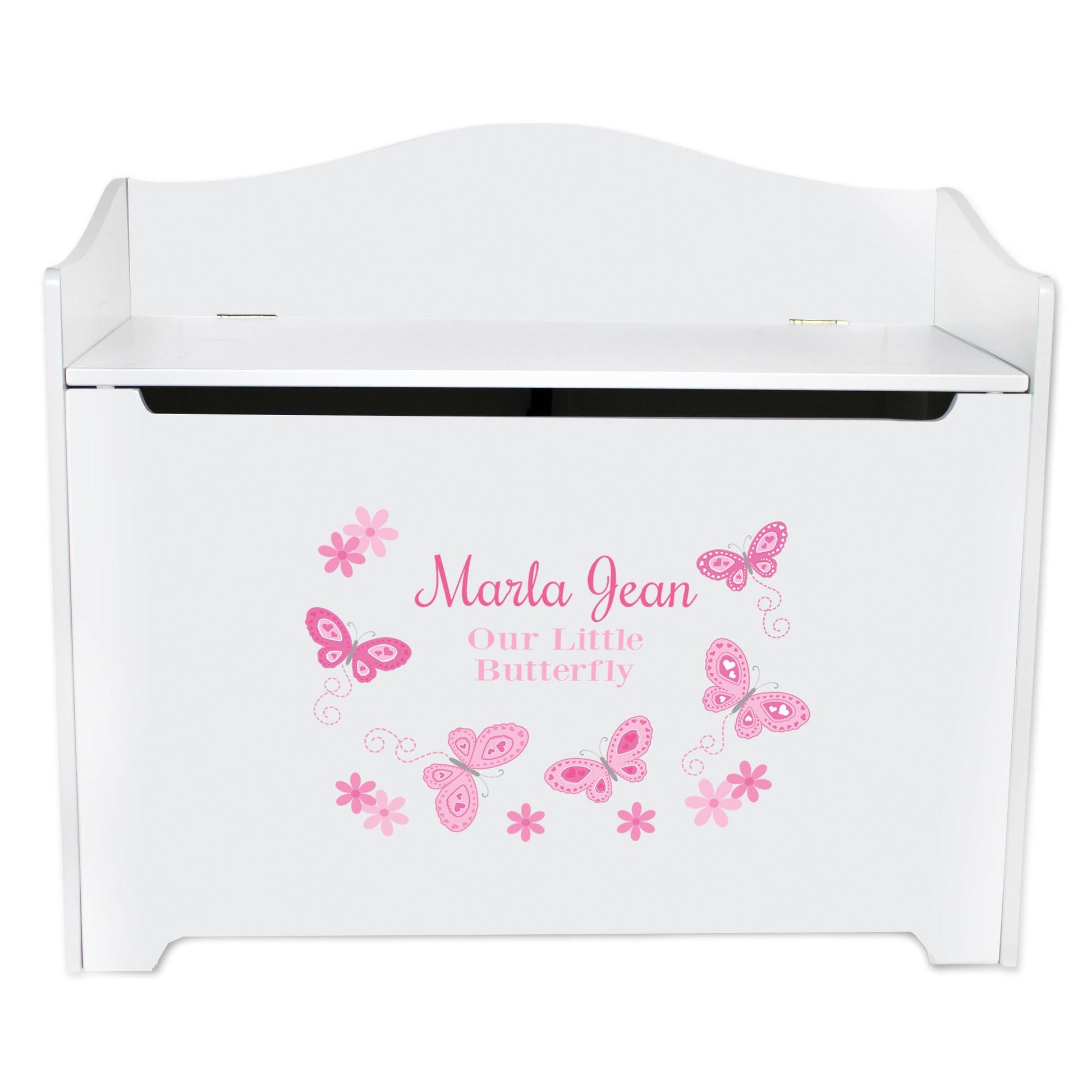 White Wooden Toy Box Bench with Butterflies Pink design