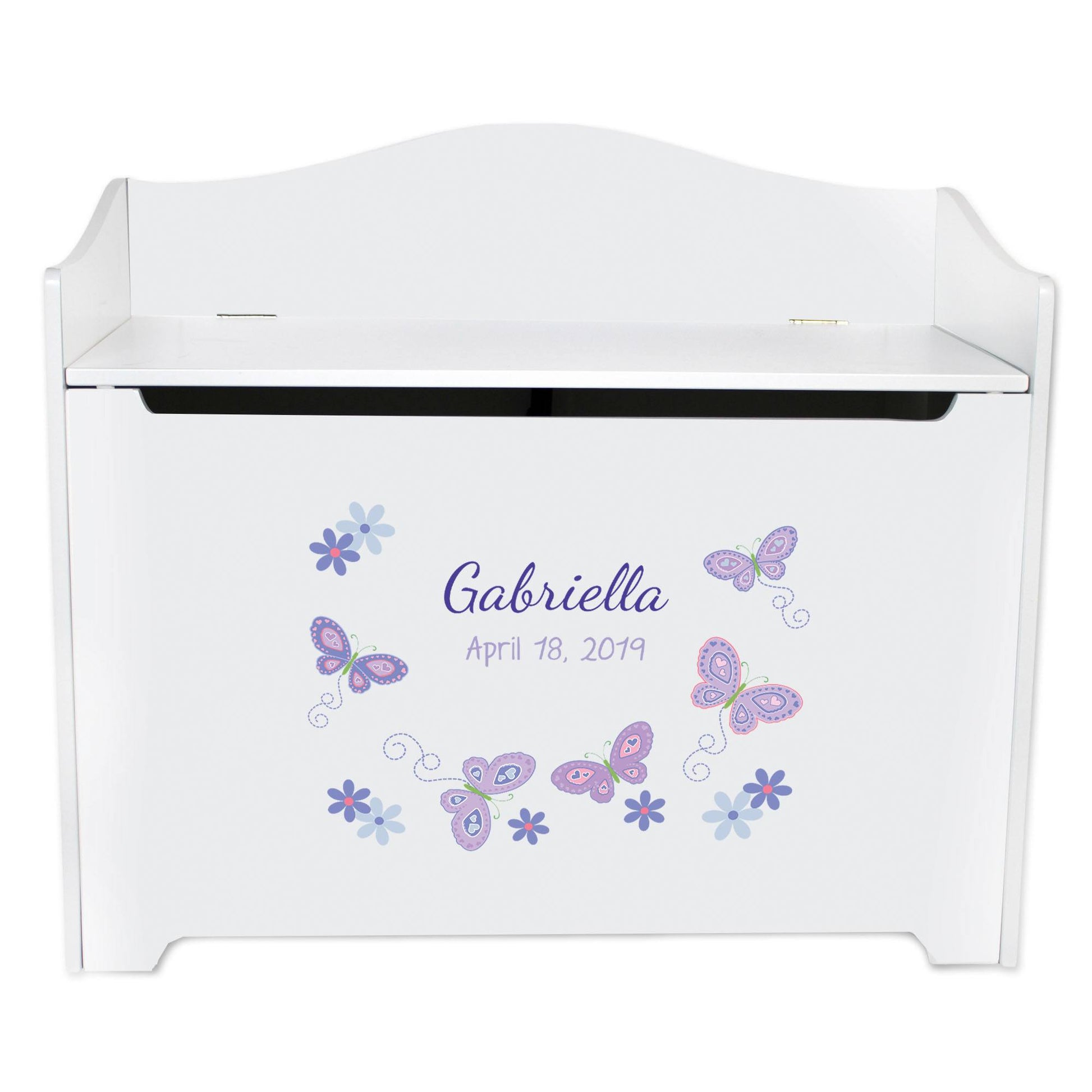 White Wooden Toy Box Bench with Butterflies Lavender design
