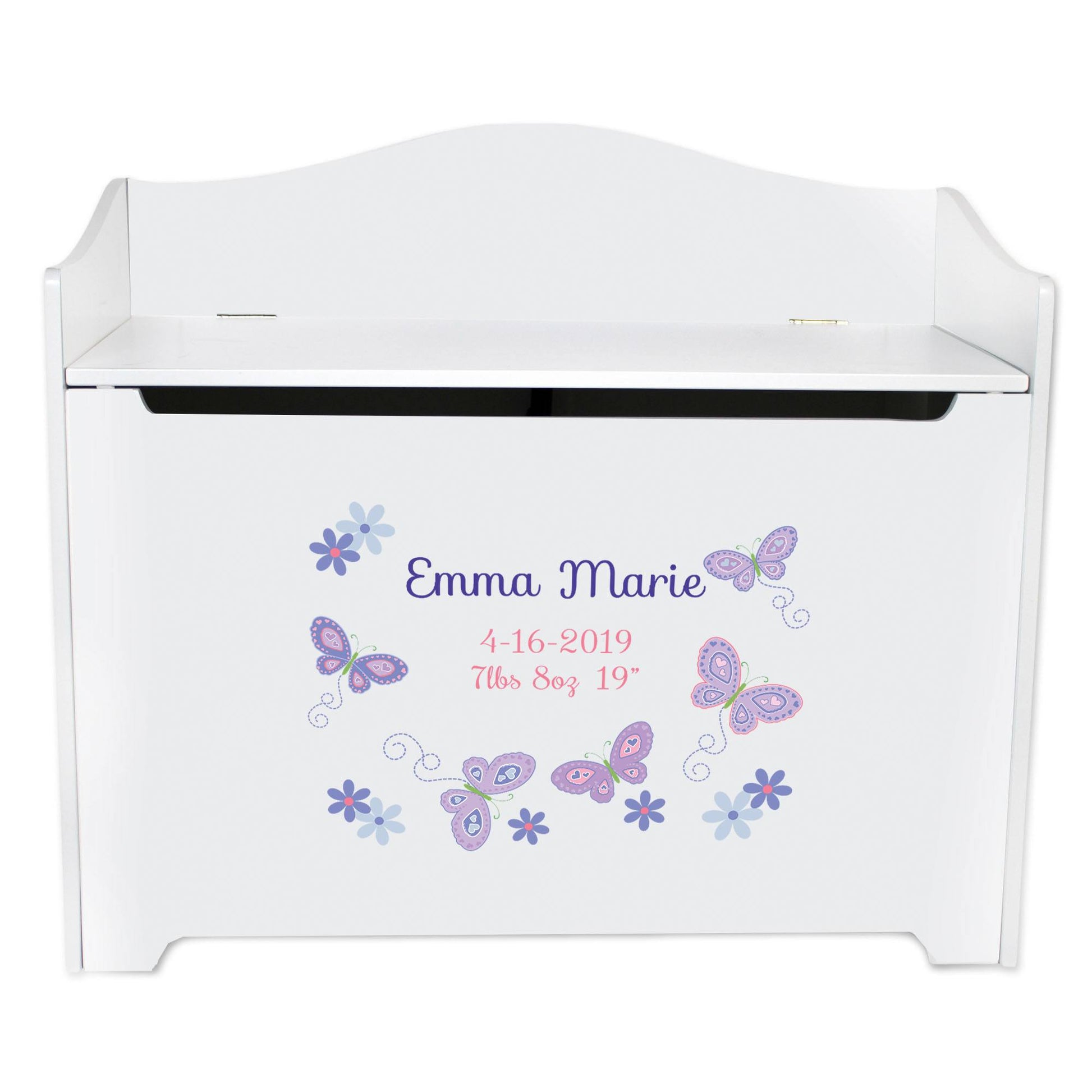 White Wooden Toy Box Bench with Butterflies Aqua Pink design