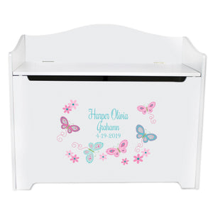 White Wooden Toy Box Bench with Butterflies Aqua Pink design