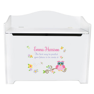 White Wooden Toy Box Bench with Pink Owl design