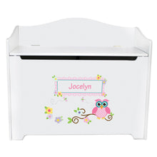 White Wooden Toy Box Bench with Pink Owl design