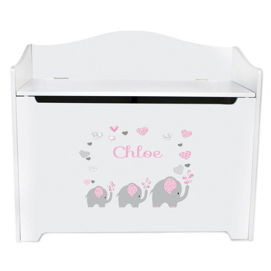White Wooden Toy Box Bench with Pink Elephant design