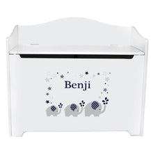 White Wooden Toy Box Bench with Navy Elephant design