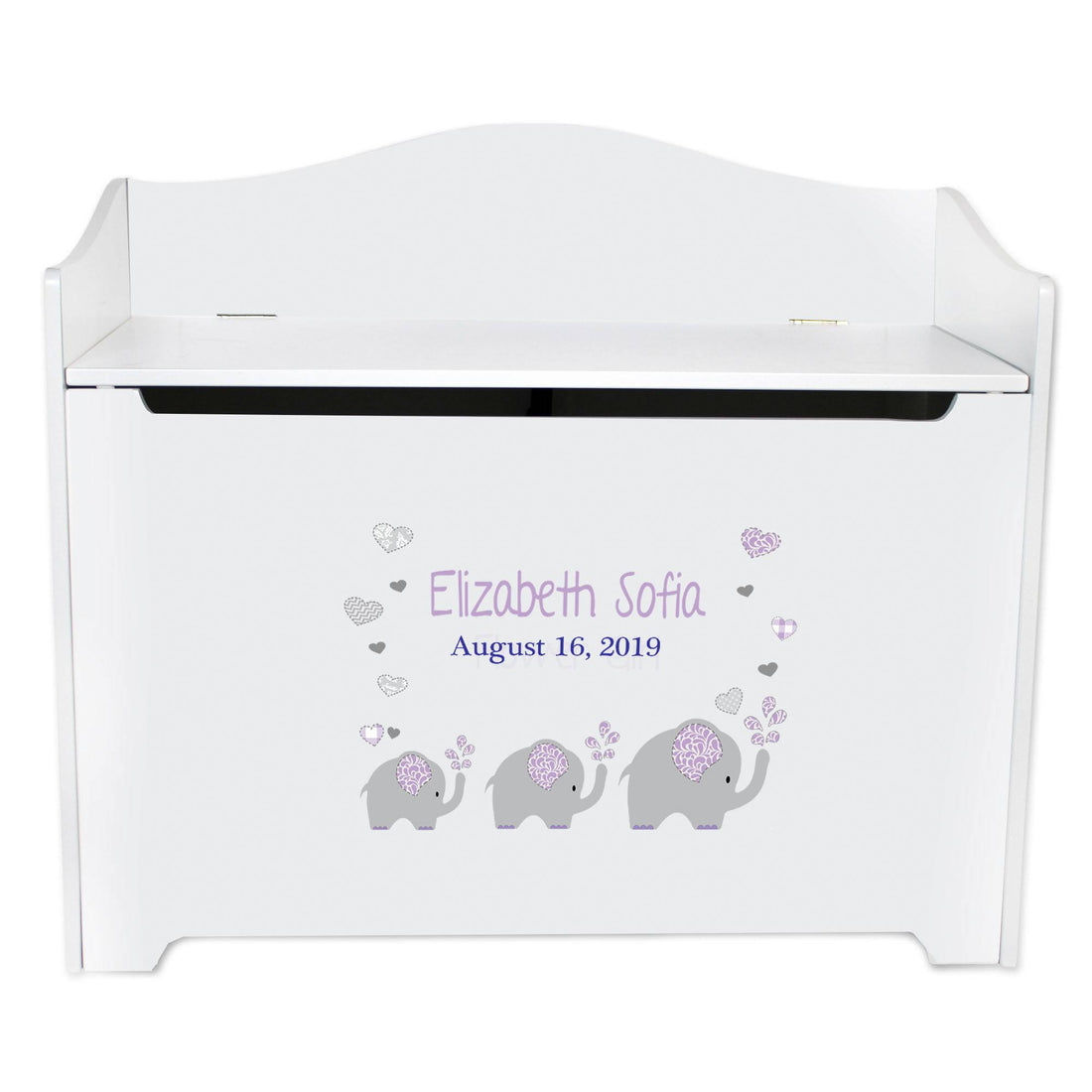 White Wooden Toy Box Bench with Lavender Elephant design