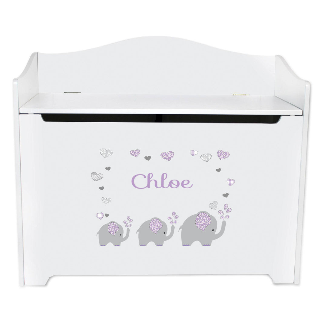 White Wooden Toy Box Bench with Lavender Elephant design