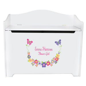 White Wooden Toy Box Bench with Bright Butterflies Garland design