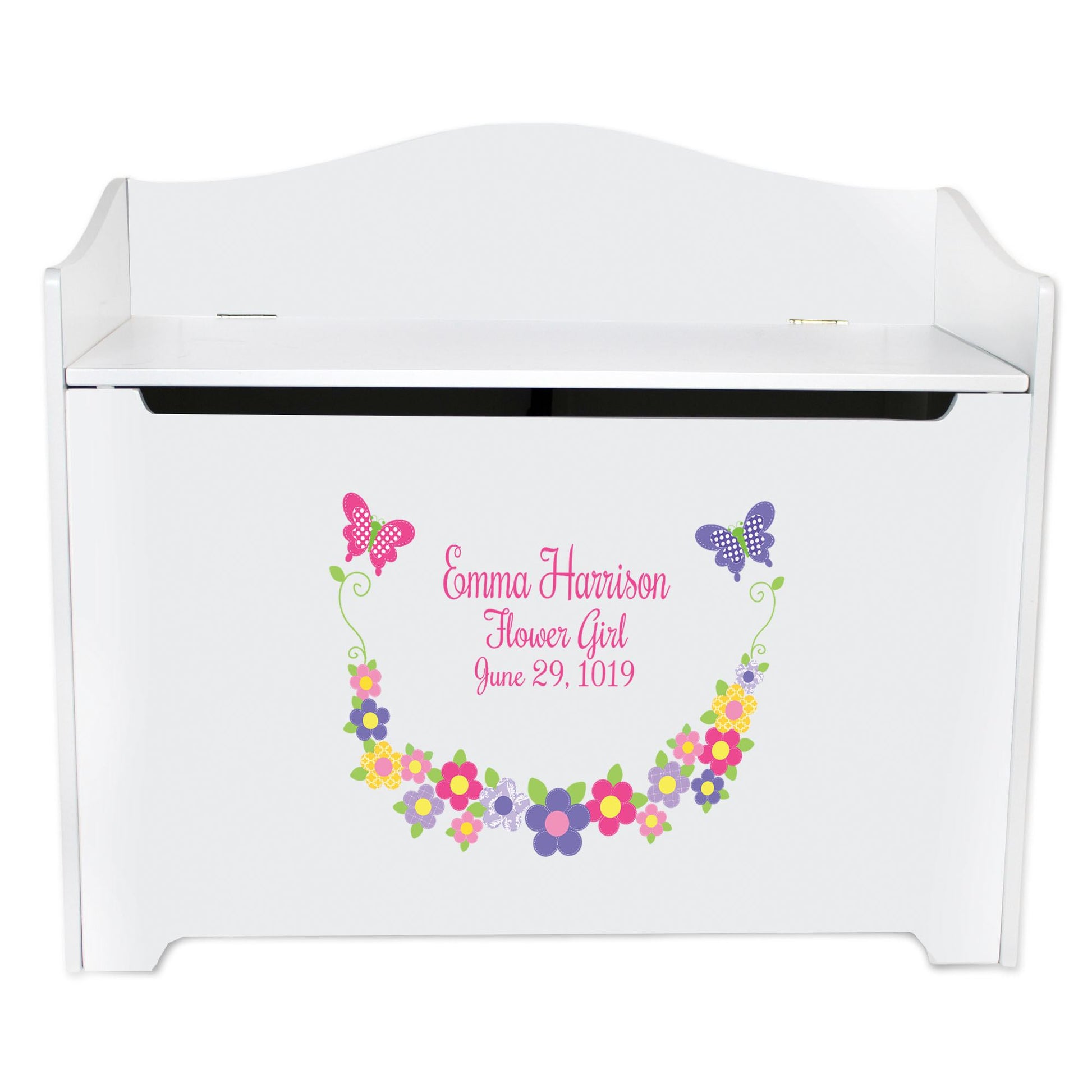 White Wooden Toy Box Bench with Bright Butterflies Garland design