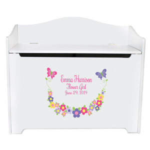 White Wooden Toy Box Bench with Bright Butterflies Garland design