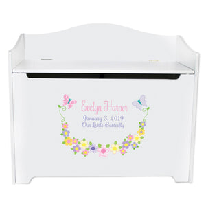 White Wooden Toy Box Bench with Pastel Butterflies design