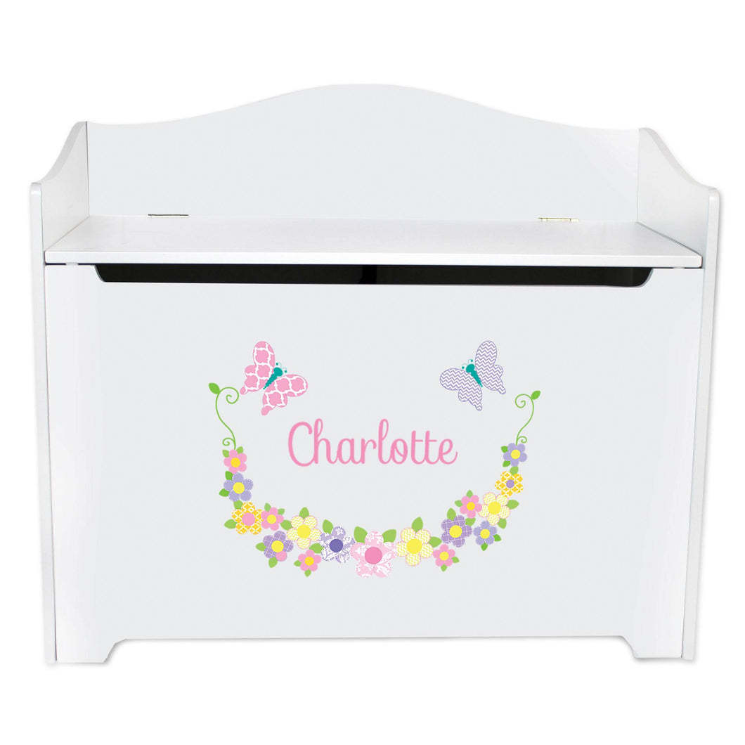 White Wooden Toy Box Bench with Pastel Butterflies design