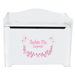 White Wooden Toy Box Bench with Pink and Gray Butterflies design