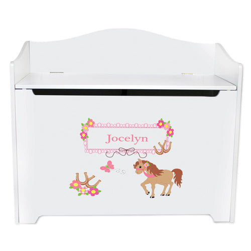 White Wooden Toy Box Bench with Ponies Prancing design