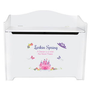 White Wooden Toy Box Bench with Princess Castle design