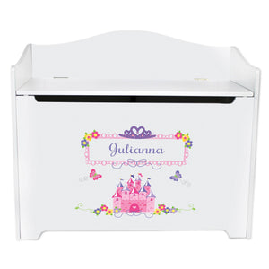 White Wooden Toy Box Bench with Princess Castle design