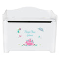 White Wooden Toy Box Bench with Pink Teal Princess Castle design