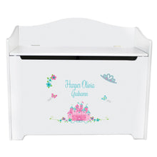 White Wooden Toy Box Bench with Pink Teal Princess Castle design