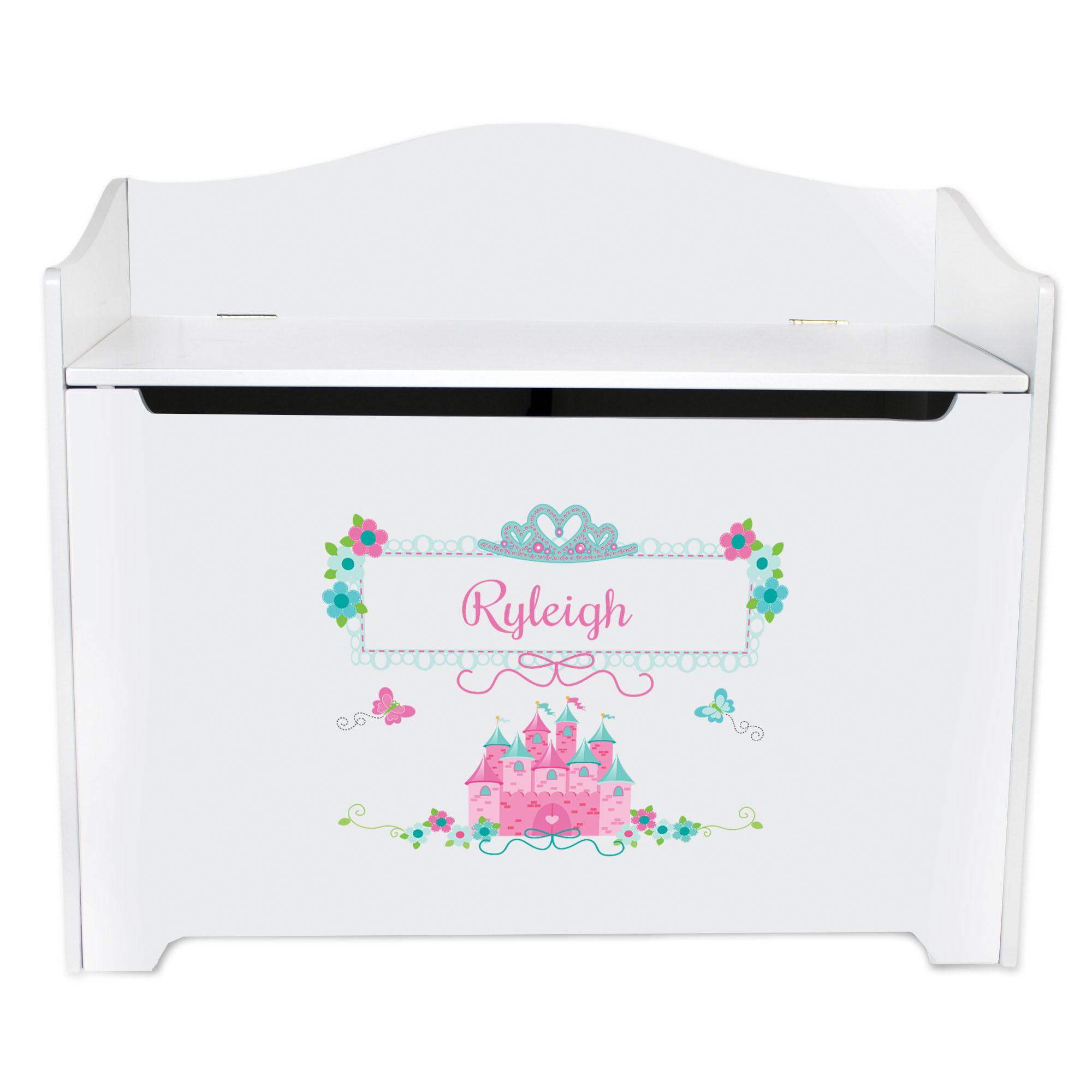 White Toy Box Bench - Pink Teal Princess Castle| Personalized