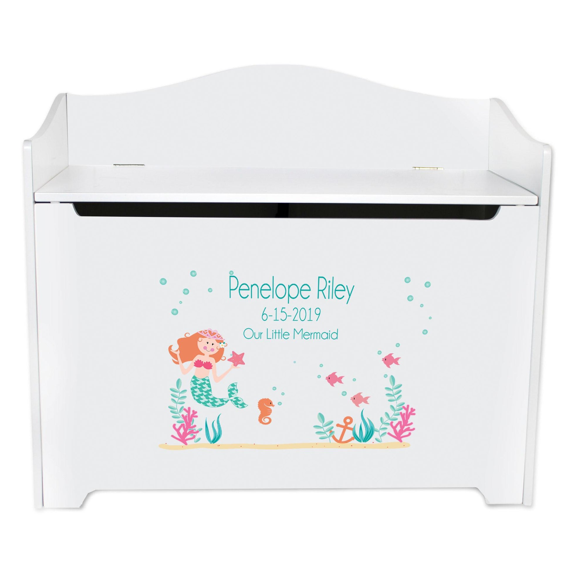 White Wooden Toy Box Bench with Mermaid Princess design