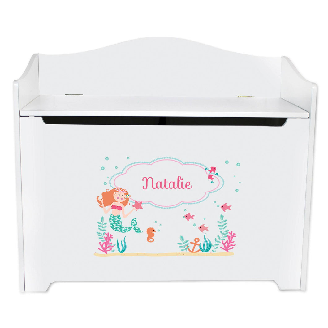 White Wooden Toy Box Bench with Mermaid Princess design