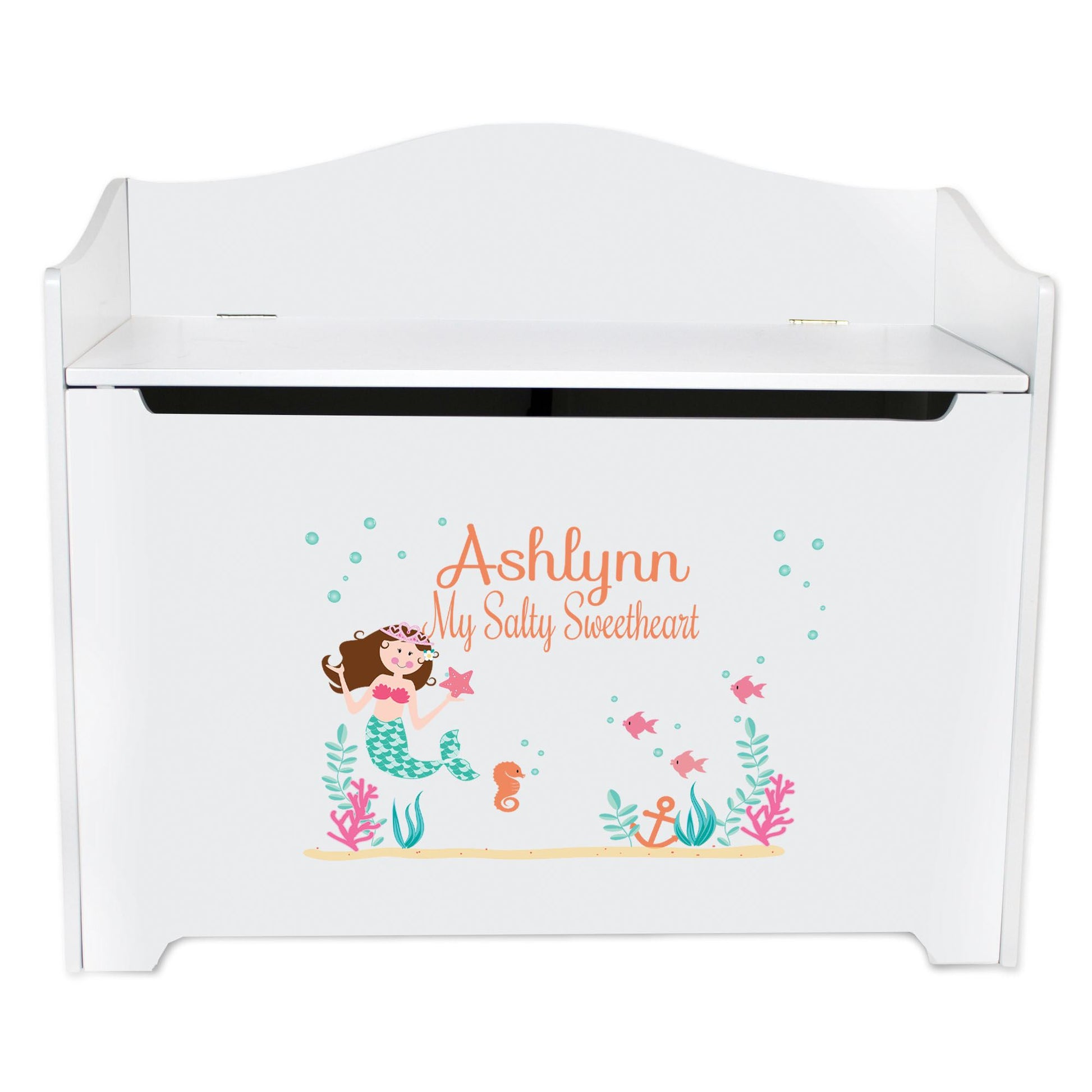 White Wooden Toy Box Bench with Brunette Mermaid Princess design