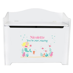 White Wooden Toy Box Bench with Blonde Mermaid Princess design