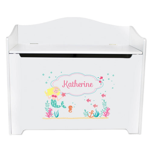 White Wooden Toy Box Bench with Blonde Mermaid Princess design