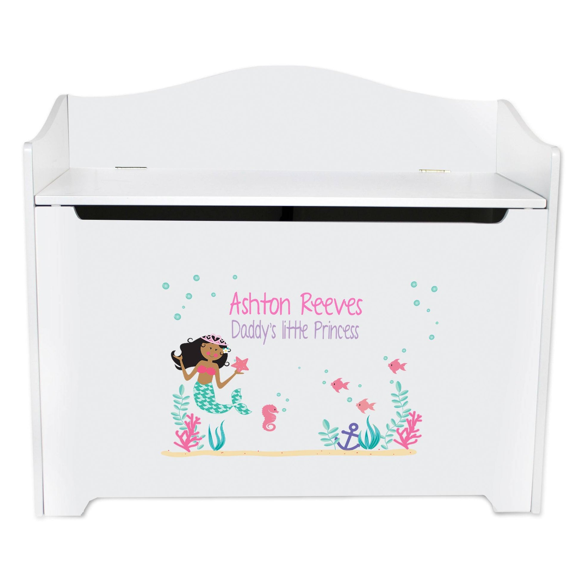 White Wooden Toy Box Bench with African American Mermaid Princess design