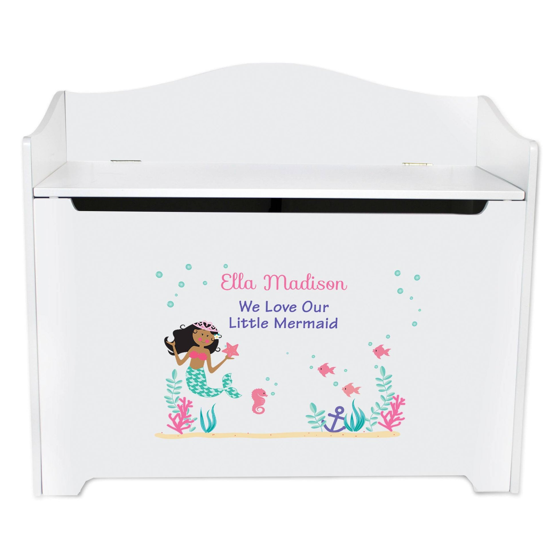 White Wooden Toy Box Bench with African American Mermaid Princess design