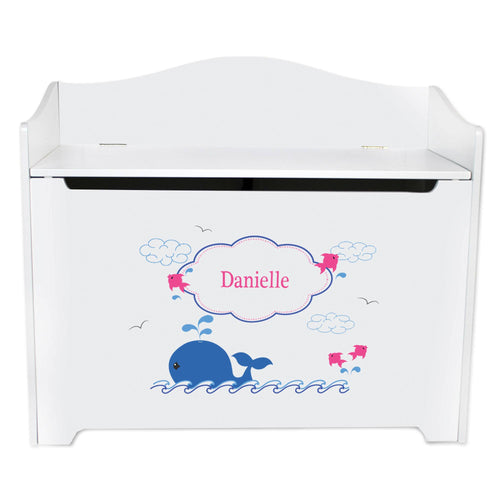 White Wooden Toy Box Bench with Pink Whale design