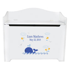 White Wooden Toy Box Bench with Blue Whale design