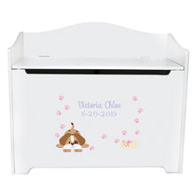 White Wooden Toy Box Bench with Pink Puppy design