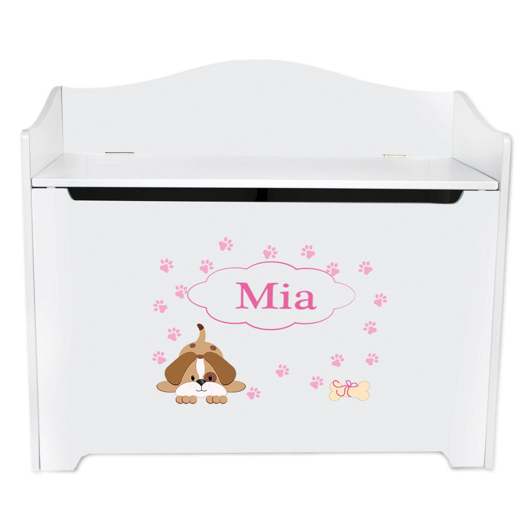 White Wooden Toy Box Bench with Pink Puppy design