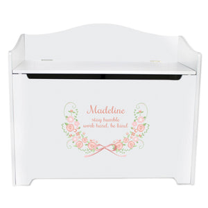 White Wooden Toy Box Bench with Hc Blush Floral Garland design