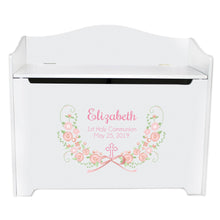 White Wooden Toy Box Bench with Hc Blush Floral Garland design