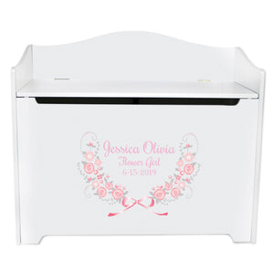 White Wooden Toy Box Bench with Pink Gray Floral Garland design