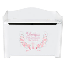 White Wooden Toy Box Bench with Pink Gray Floral Garland design