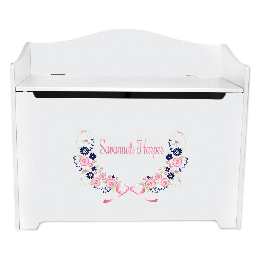 White Wooden Toy Box Bench with Navy Pink Floral Garland design